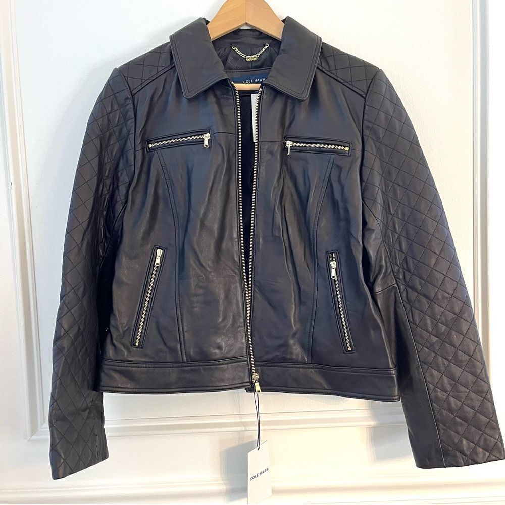 Cole Haan 100% Lamb Leather Moto Jacket in Black, Size Large, NWT